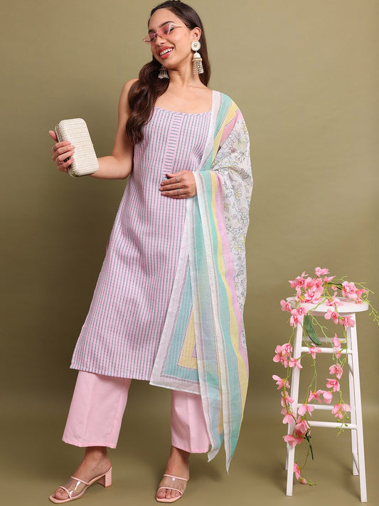 Pink Striped Printed Straight Kurta with Palazzos & Dupatta