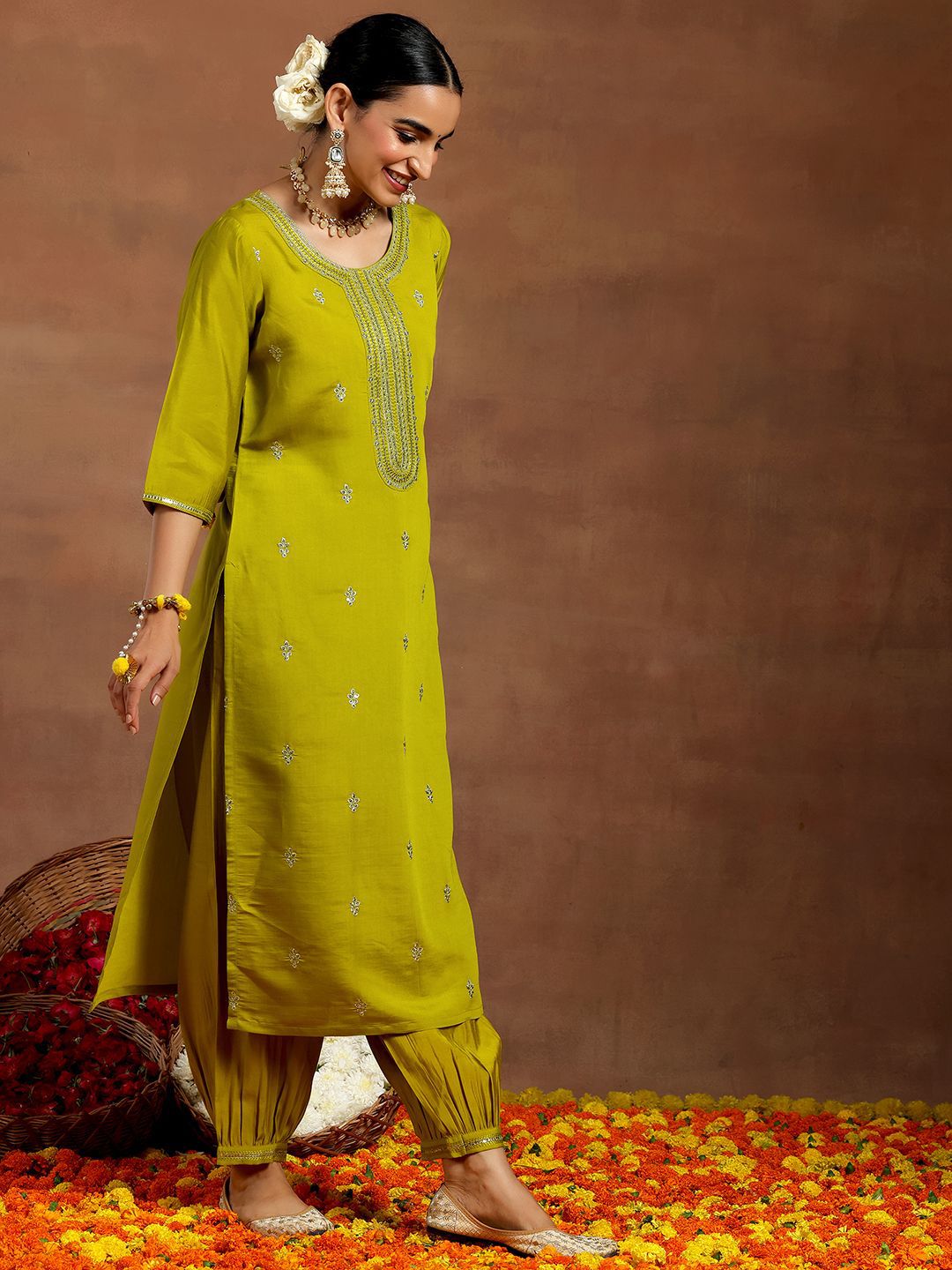 Floral Embroidered Sequinned Straight Kurta with Salwar & With Dupatta