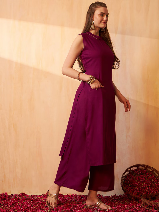 Gotta Patti Round Neck Sleeveless Straight Kurta With Palazzo