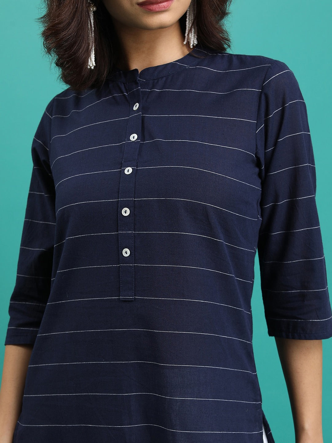 Striped Mandarin Collar Cotton Tunic