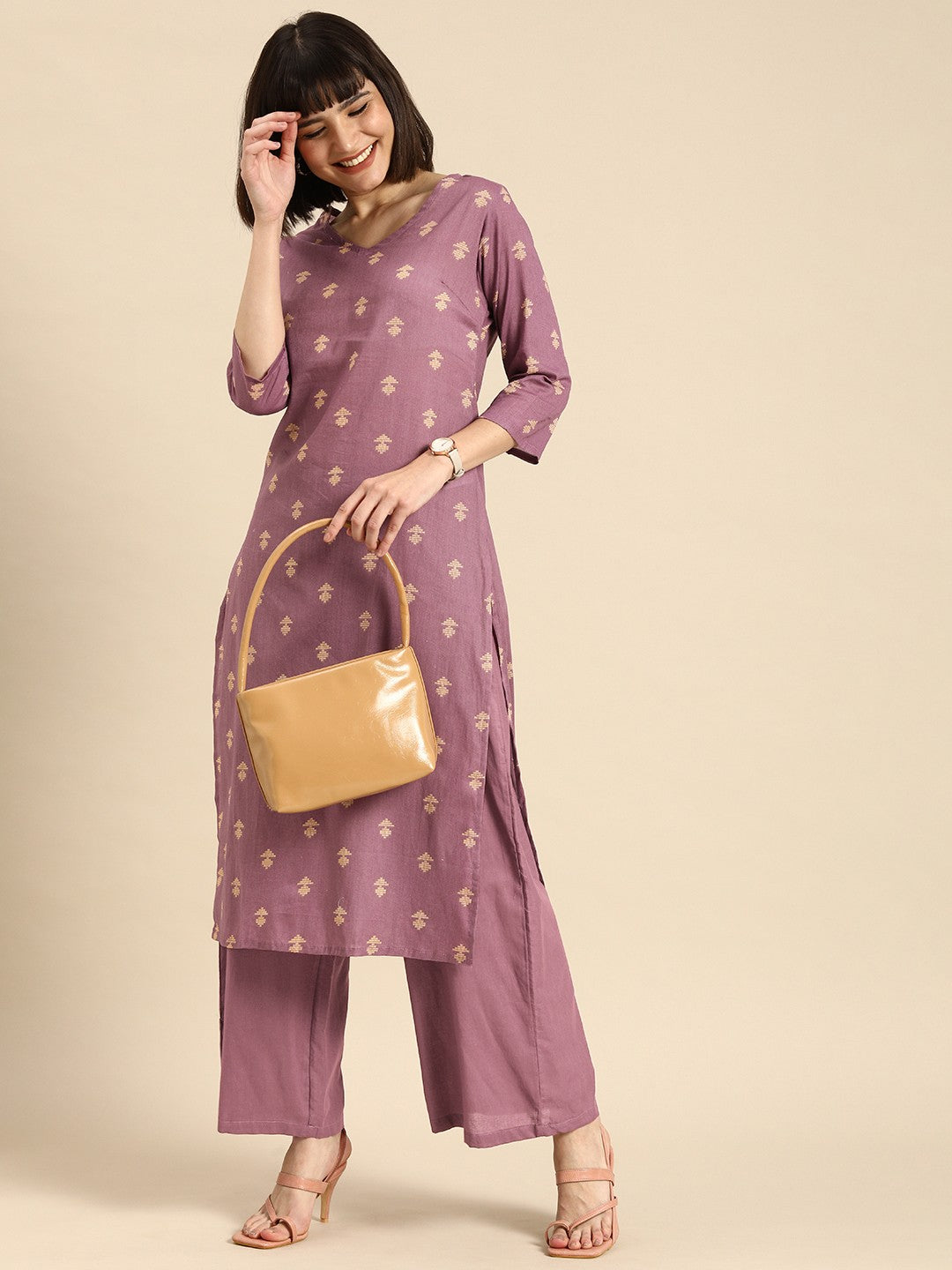 Women Mauve Printed Pure Cotton Kurta with Palazzos