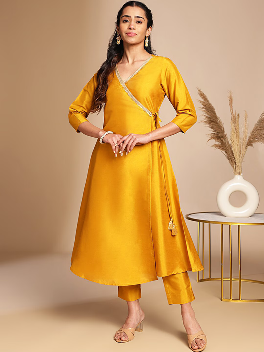 V Neck Three-Quarter Sleeves Wrap Angrakha Gotta Patti Kurta with Trousers