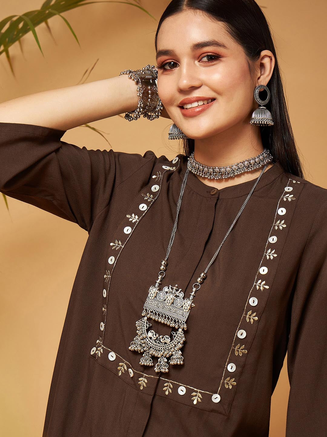 Embroidered Mandarin Collar A-Line Kurti With Palazzo