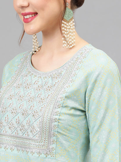 Ethnic Motifs Printed Thread Work Kurta & Trousers With Dupatta