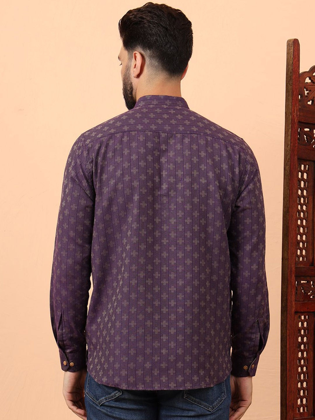 Geometric Woven Design Mandarin Collar Straight Short Kurta