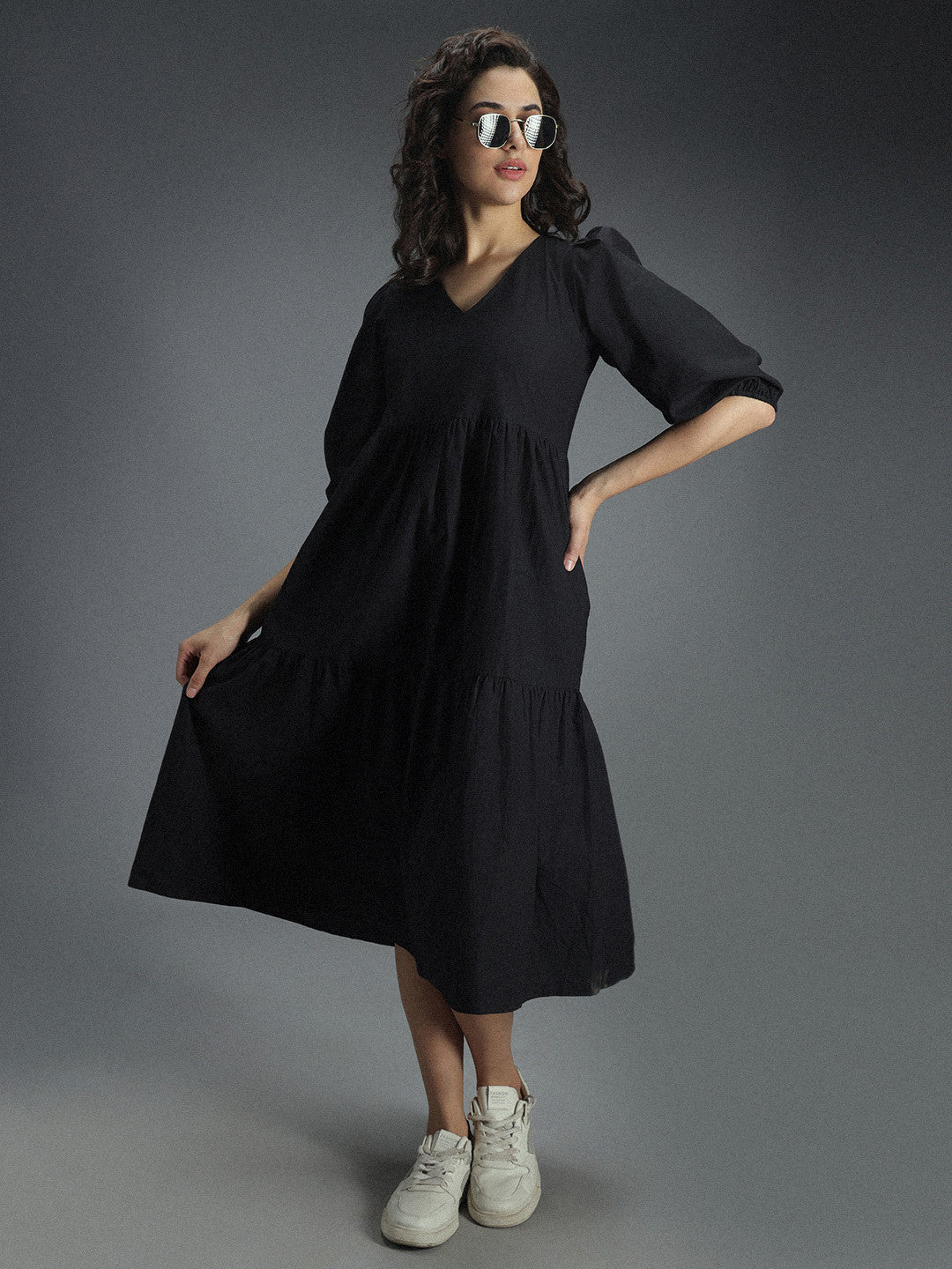 Women Fit and Flare Black Midi/Calf Length Dress Amy's Cart Women Fit and Flare Black Midi/Calf Length Dress Amy's Cart
