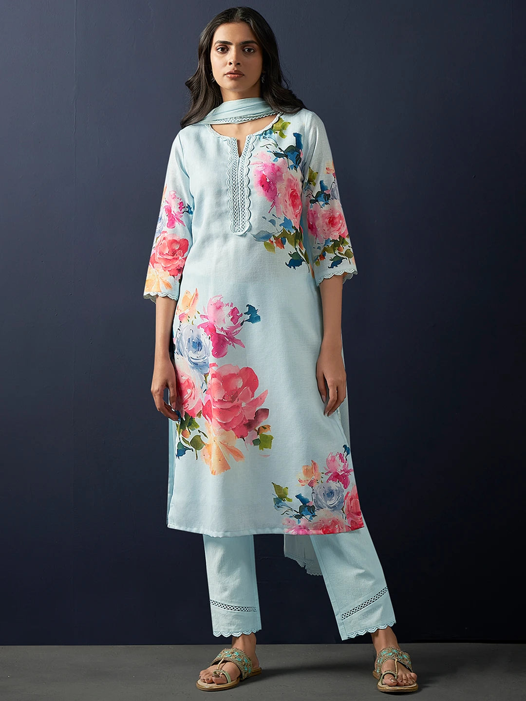 Women Linen Kurta Pant Dupatta Set