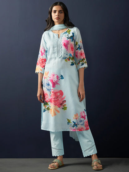 Women Linen Kurta Pant Dupatta Set