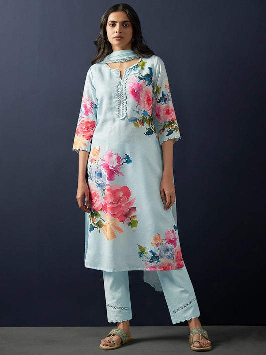 Women Linen Kurta Pant Dupatta Set