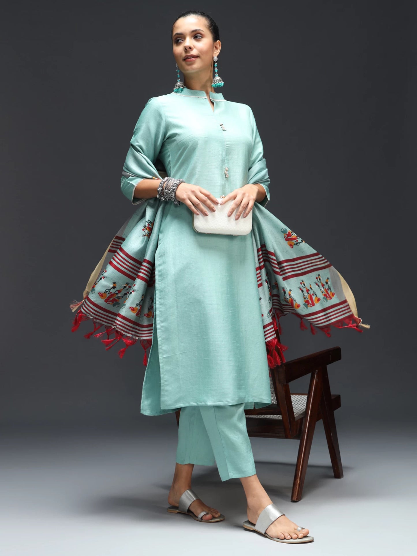 Women Silk Blend Kurta Pant Dupatta Set