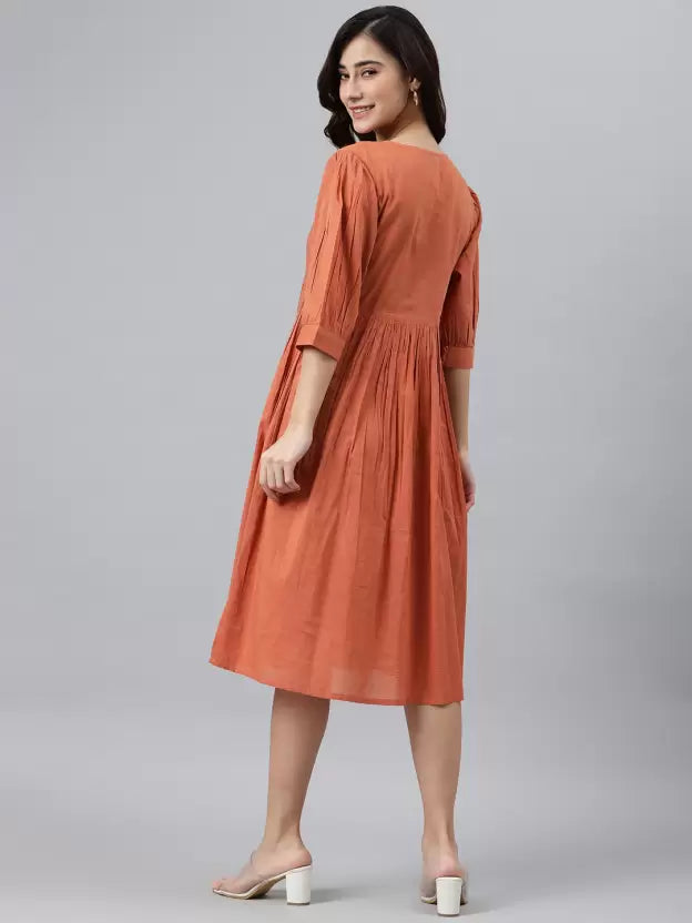 Women Fit and Flare Orange Dress