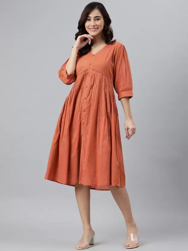 Women Fit and Flare Orange Dress