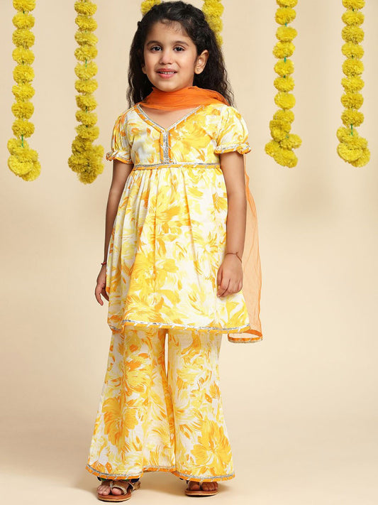 Girls Floral Printed A-Line Gotta Patti Cotton Kurta with Trousers & Dupatta