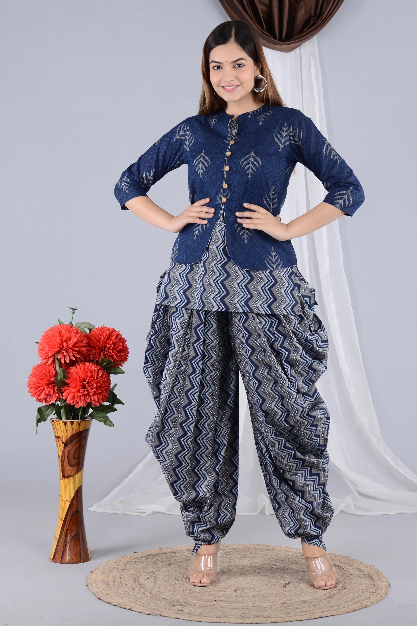 Women Pure Cotton Kurta Dhoti Pant Ethnic Jacket Set