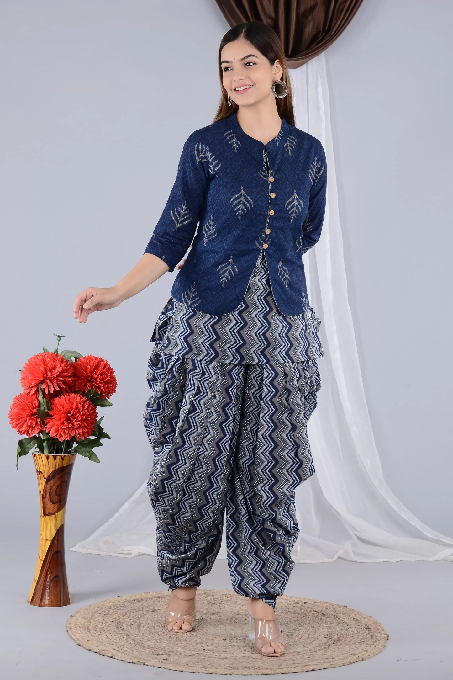 Women Pure Cotton Kurta Dhoti Pant Ethnic Jacket Set