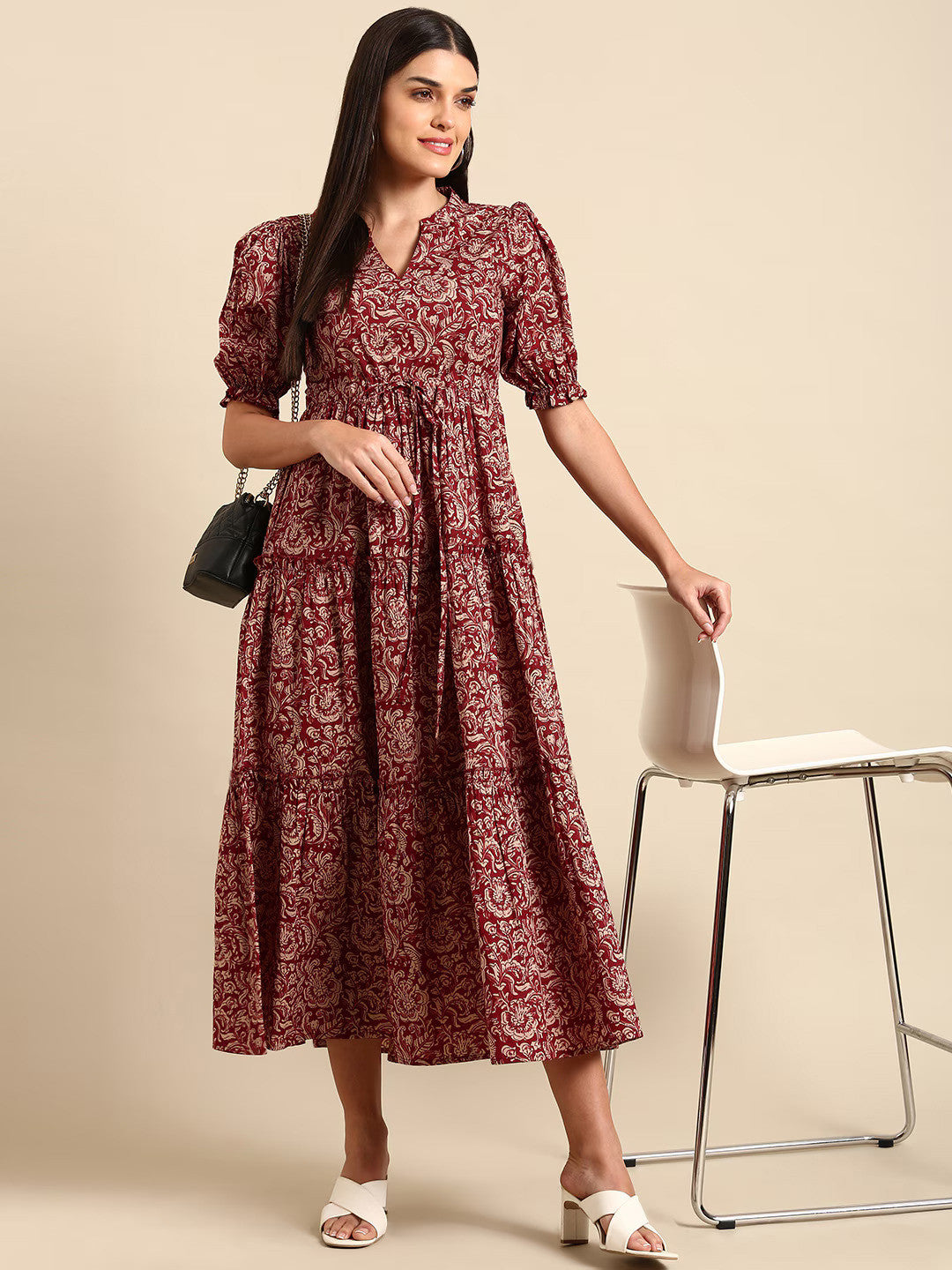 women fit and flare maroon dress Burgundy Linen Fit and Flare Dress - Swing Mid-Calf Silhouette 2336