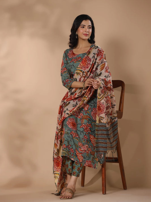 Women Cotton Blend Kurti Pant Dupatta Set