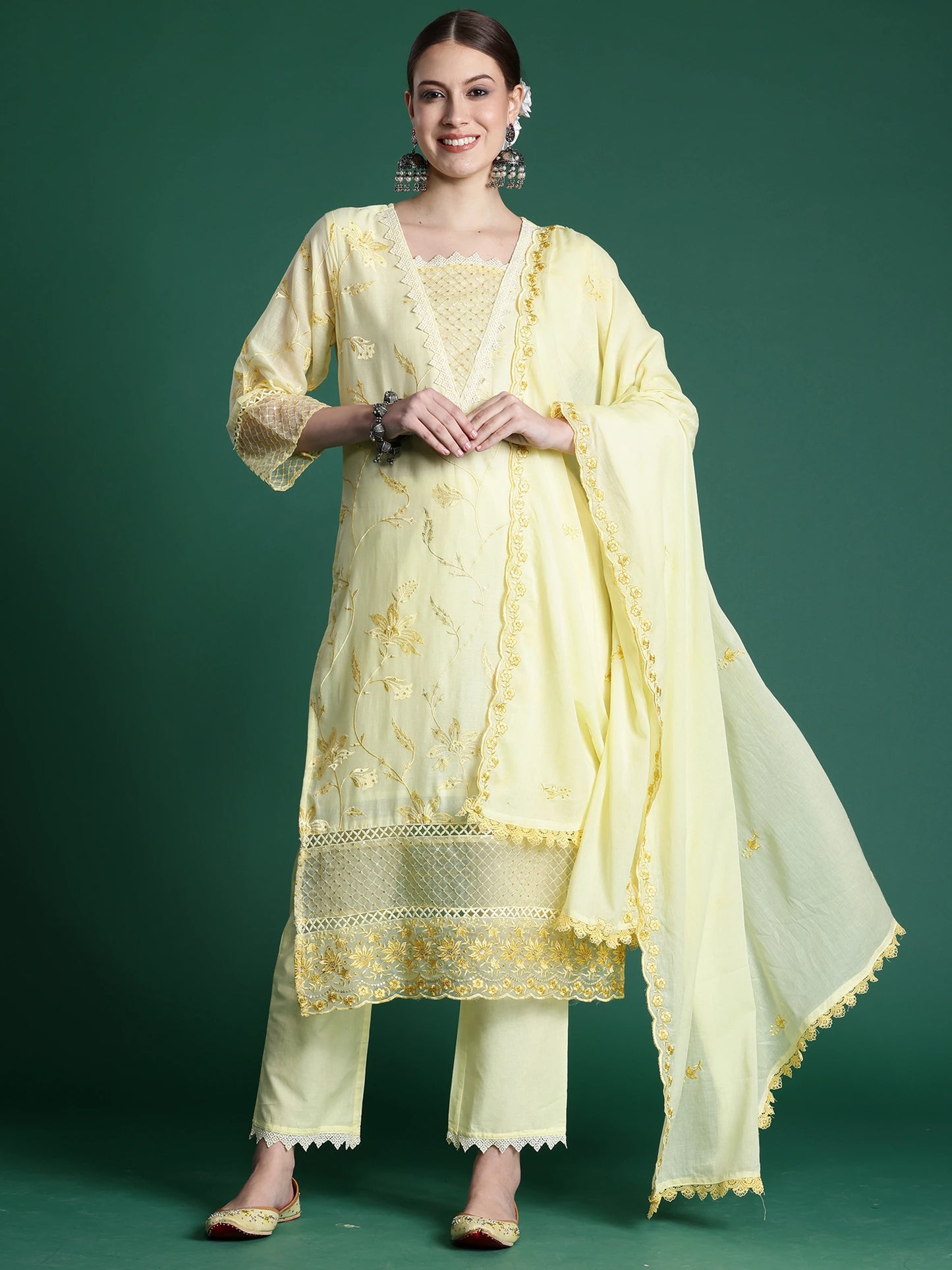 Women Pure Cotton Kurta Pant Dupatta Set