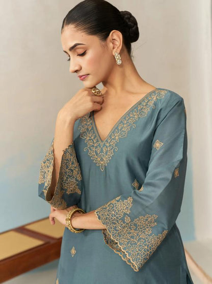 Women Chanderi Kurta Palazzo Dupatta Set