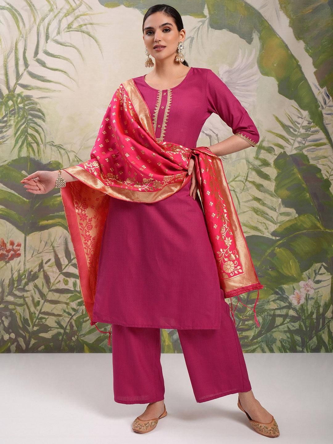 Pink Vishudh Round Neck Embellished Straight Kurta & Palazzos With Dupatta