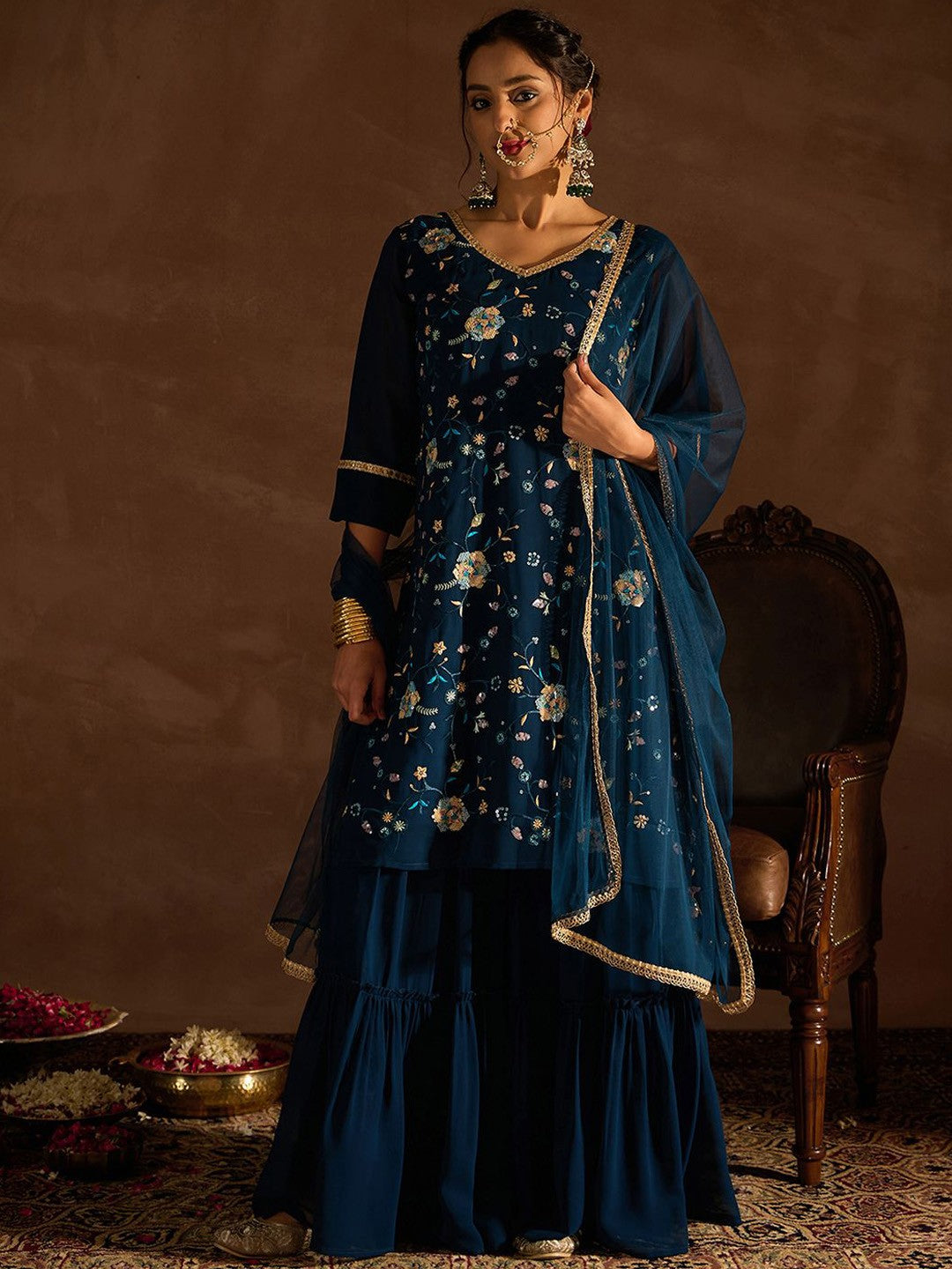 Women Floral Embroidered Regular Sequinned Kurta with Sharara & With Dupatta