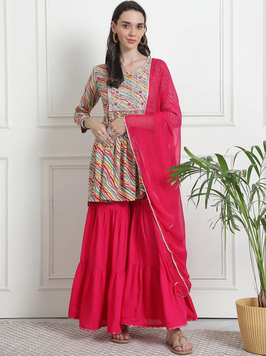 Women Viscose Rayon Kurta Sharara Dupatta Set