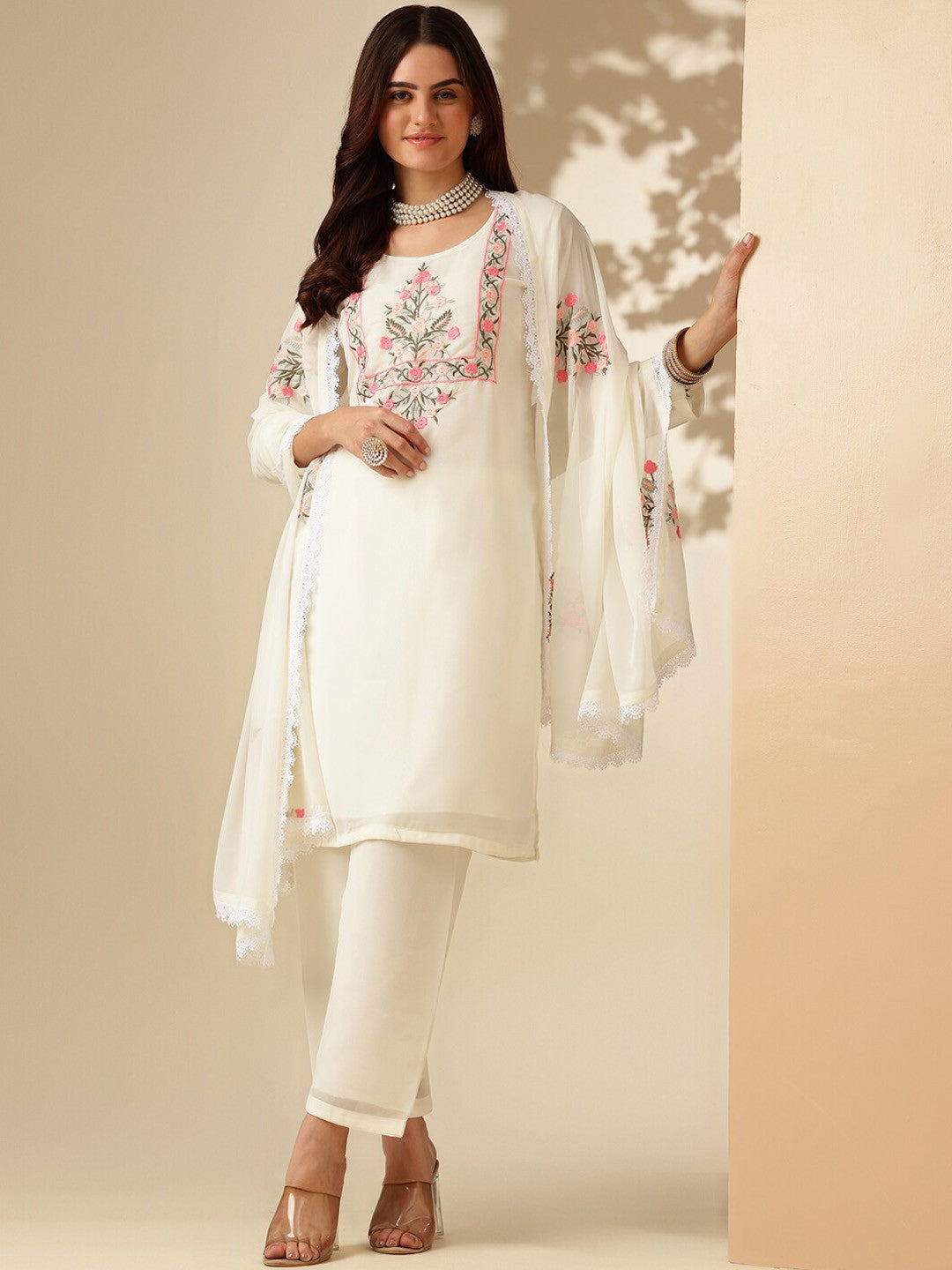 Floral Yoke Design Regular Thread Work Kurta With Palazzos & Dupatta