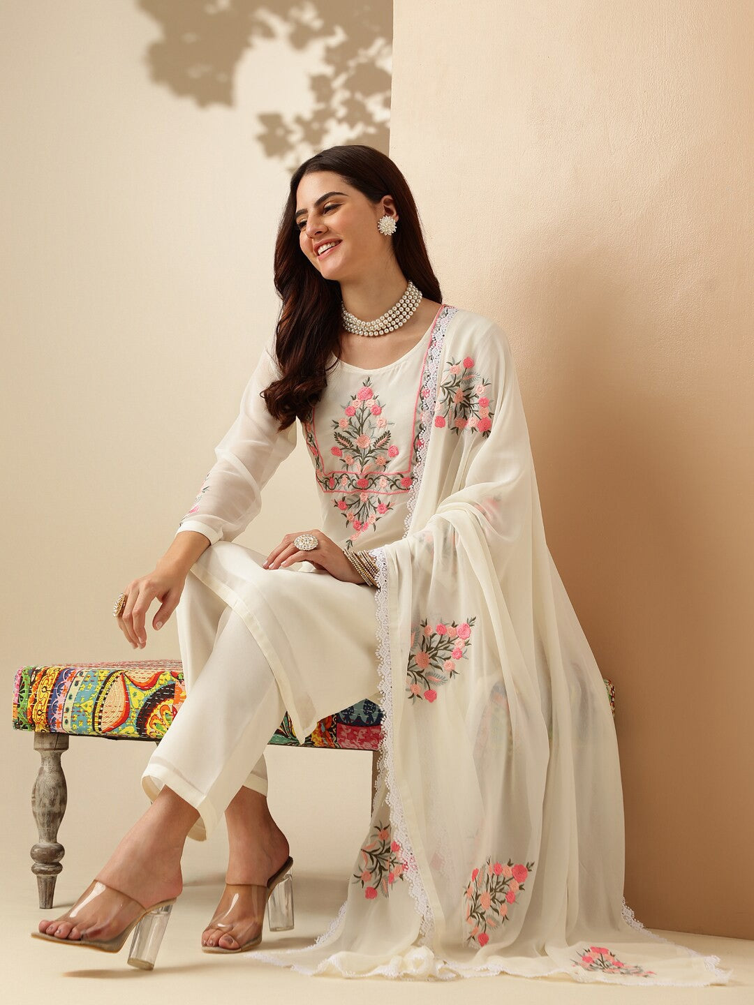 Floral Yoke Design Regular Thread Work Kurta With Palazzos & Dupatta