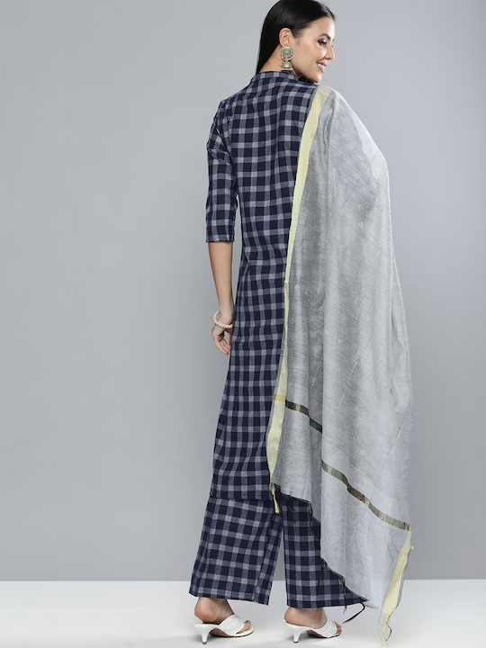 Women Navy Blue & Off-White Checked Kurta with Palazzos & Dupatta