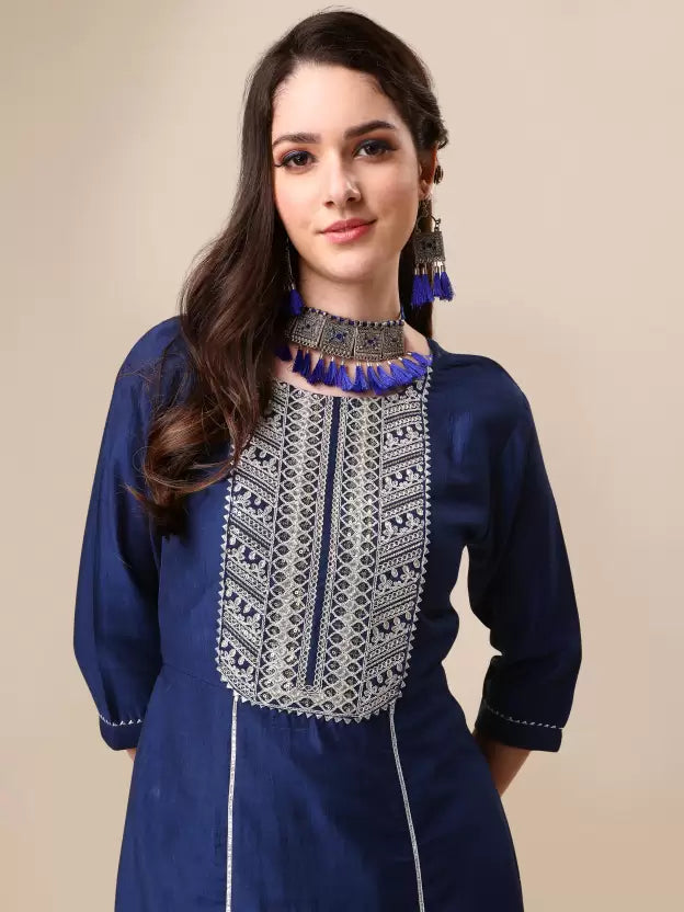 Women Blue Silk Blend Kurta Palazzo Dupatta Set