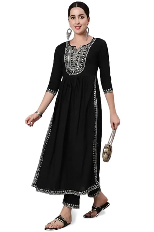 Women's Black Embroidered Nyra Kurta and Pant Set
