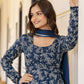 Blue Floral Printed Empire Pure Cotton Anarkali Kurta With Pyjama & Dupatta