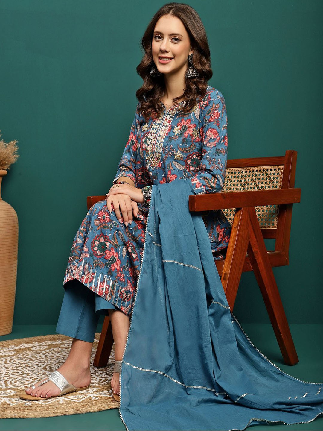 Floral Printed Gotta Patti Notch Neck Anarkali Kurta With Trousers & Dupatta