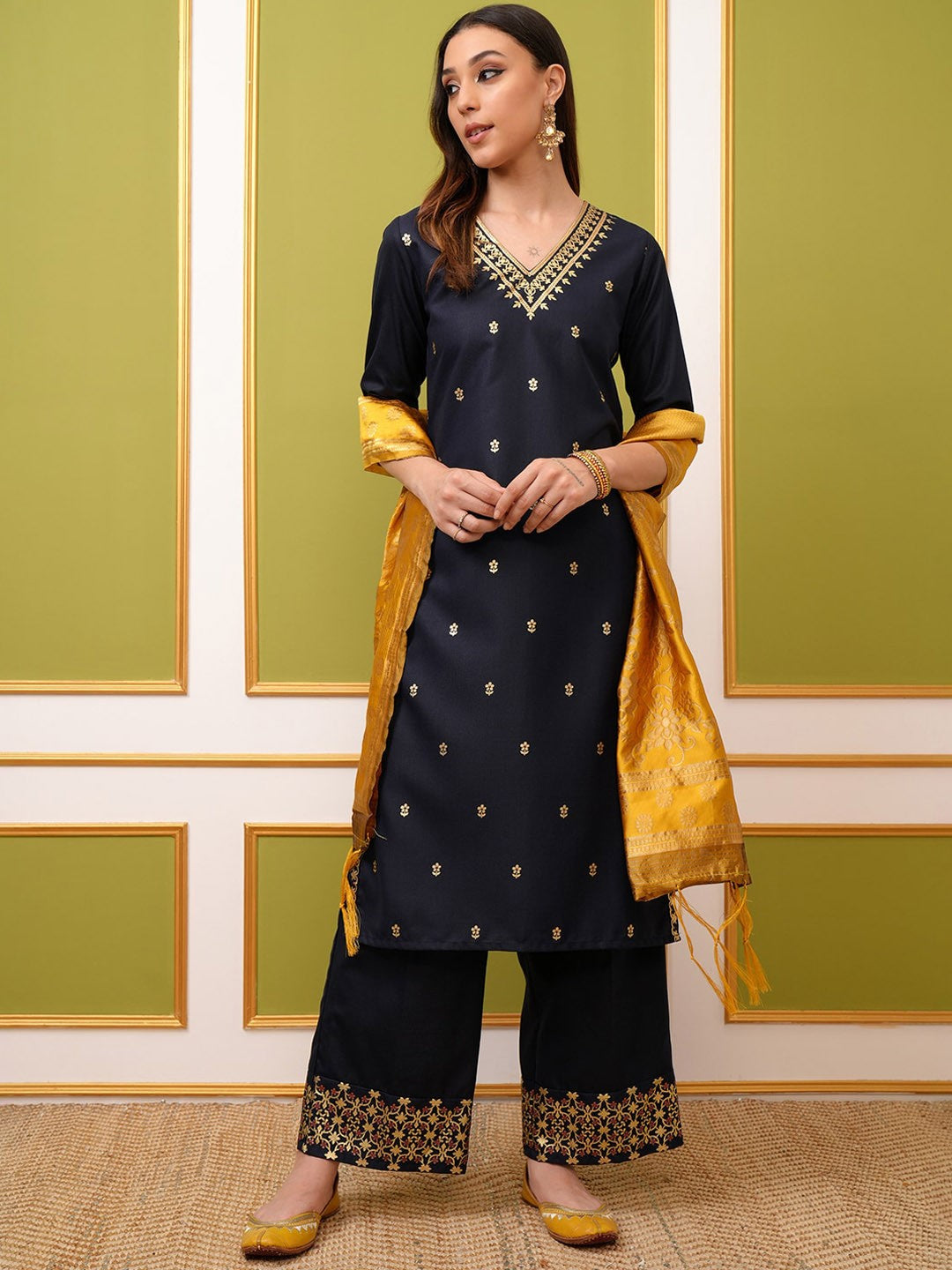 Navy Blue Ethnic Motifs Printed Regular Kurta With Palazzos & Dupatta