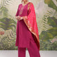 Pink Vishudh Round Neck Embellished Straight Kurta & Palazzos With Dupatta