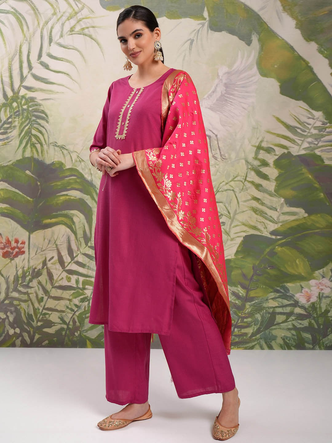 Pink Vishudh Round Neck Embellished Straight Kurta & Palazzos With Dupatta