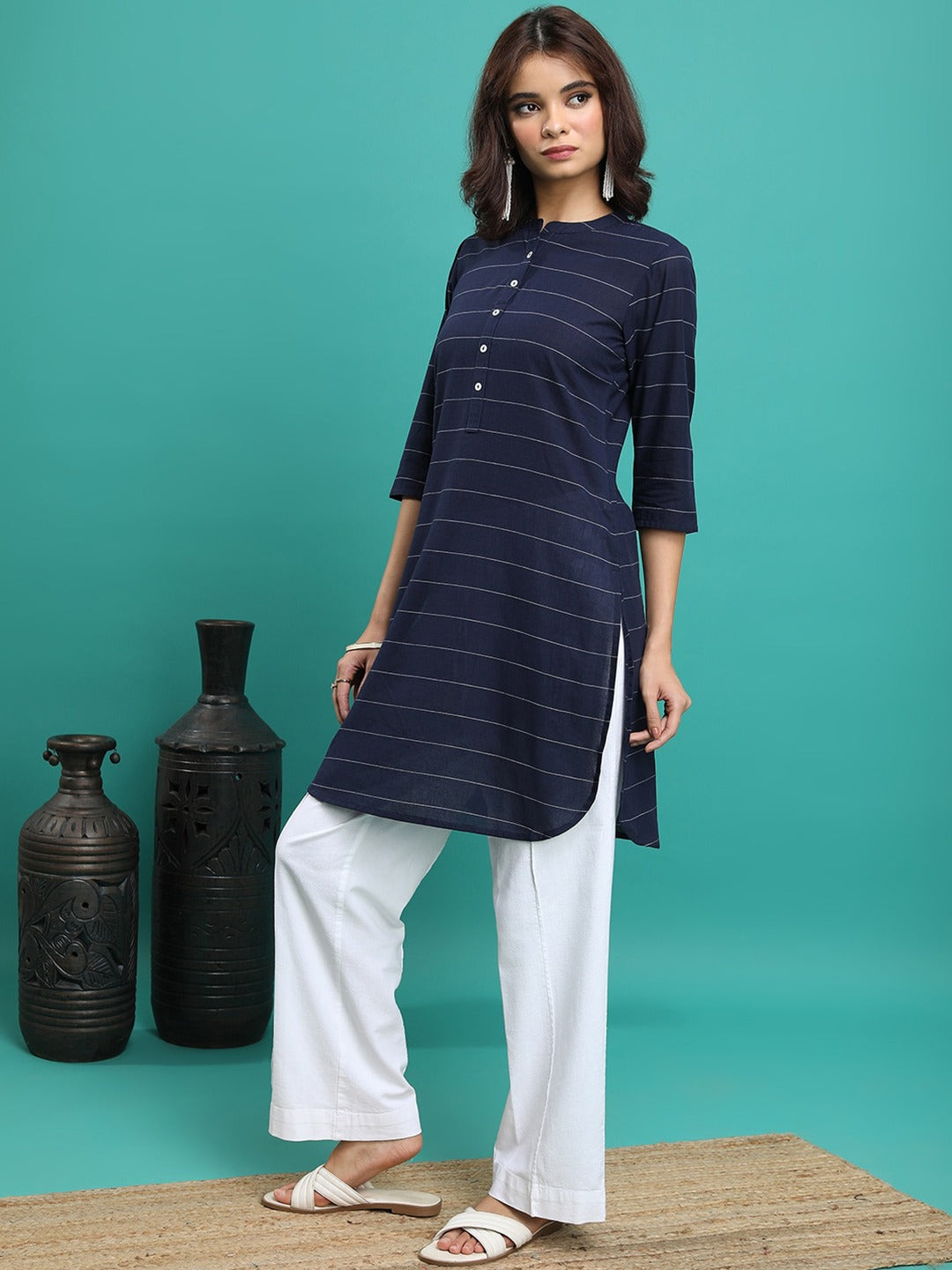 Striped Mandarin Collar Cotton Tunic