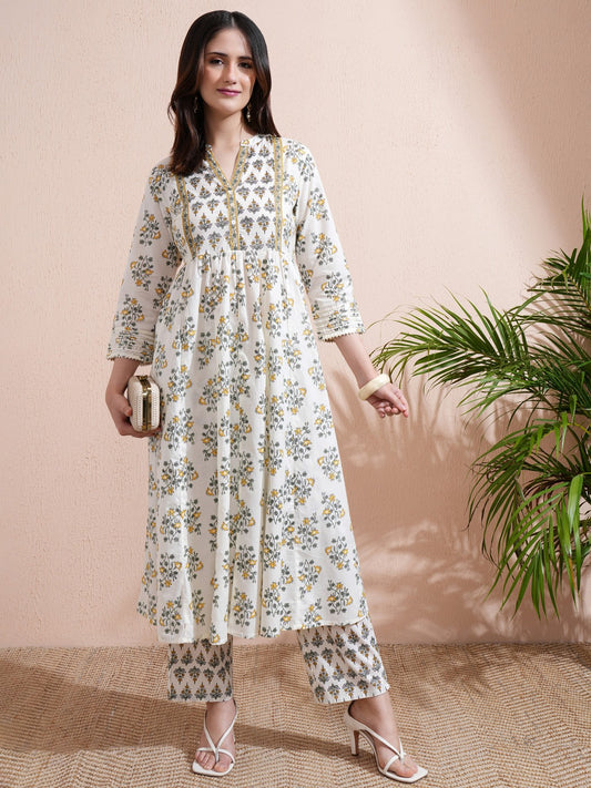 Floral Printed Empire Pure Cotton Kurta With Trousers