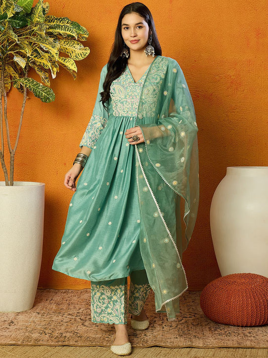 Floral Embroidered Pleated Thread Work Kurta with Palazzos & Dupatta