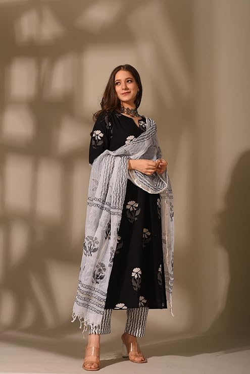 Floral Printed Black Straight Kurta set - Amy's Cart