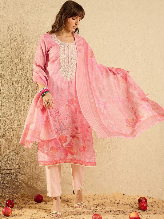 Women Ethnic Motifs Embroidered Regular Chikankari Kurta with Trousers & With Dupatta