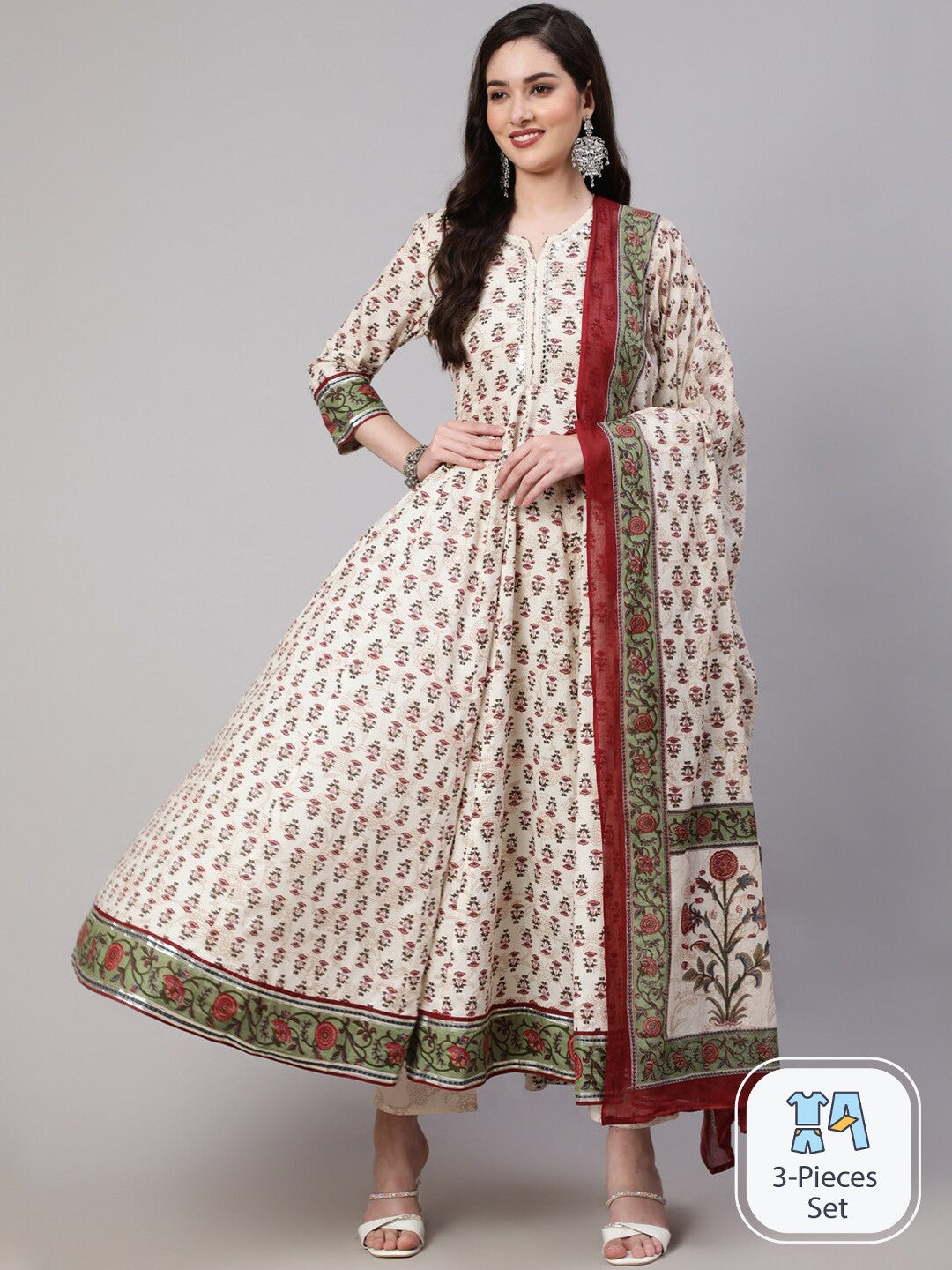 Ethnic Motifs Printed Pure Cotton Mirror Work A-line Kurta & Trousers With Dupatta