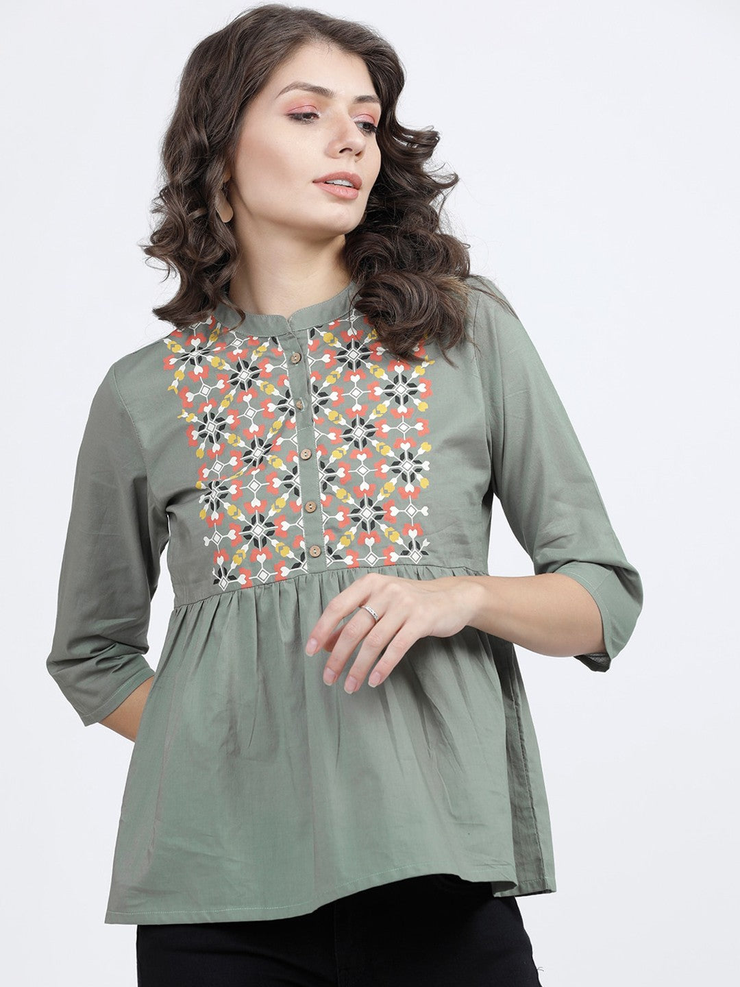 Olive & Orange Mandarin Collar A-Line Top