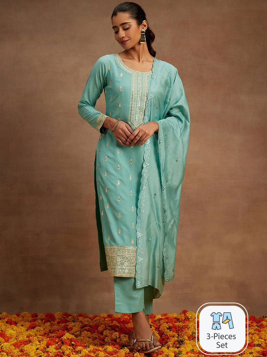 Ethnic Motifs Embroidered Pure Silk Straight Kurta With Trousers & Dupatta