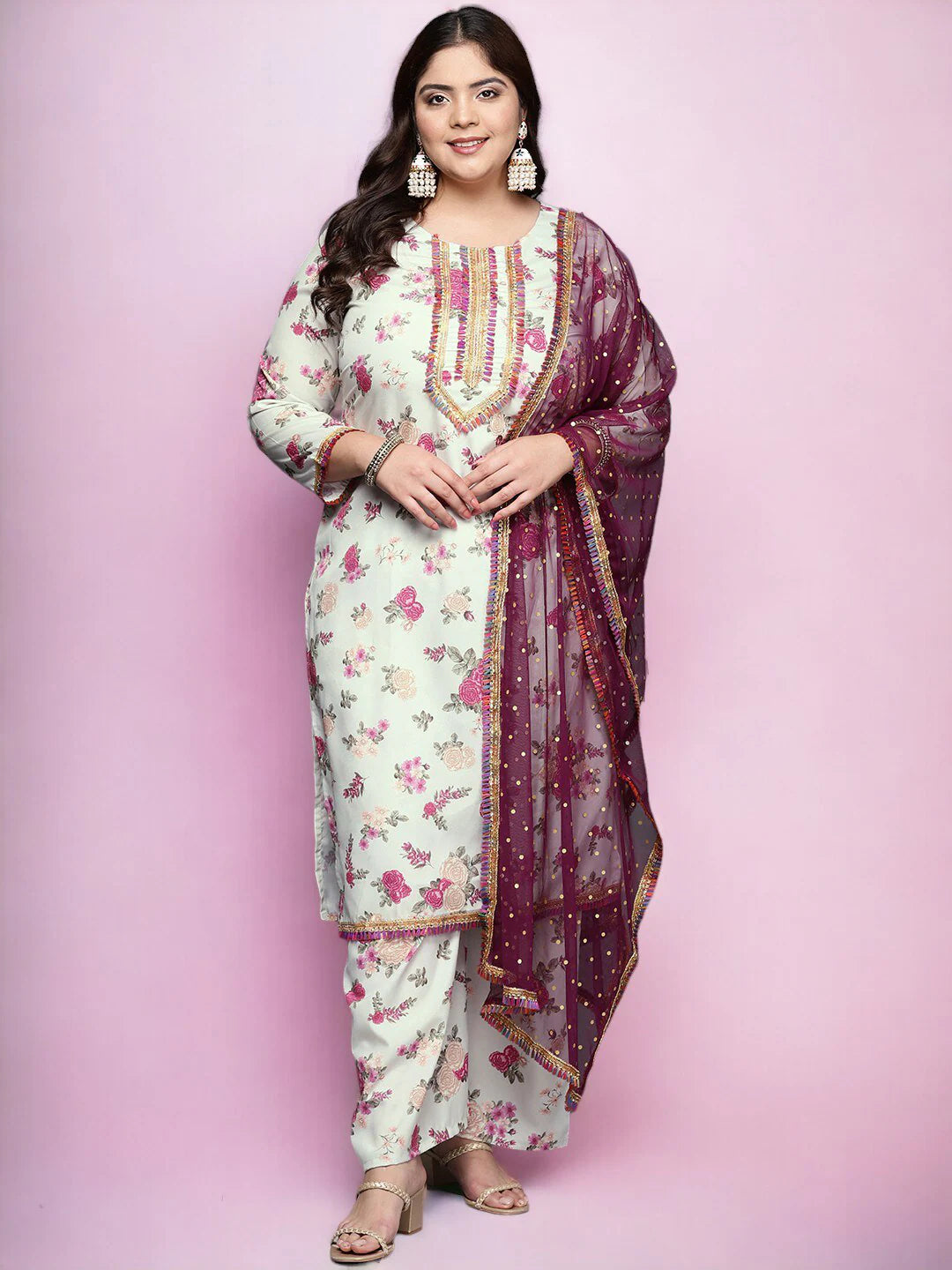 Plus Size Floral Printed Round Neck Kurta With Palazzos & Dupatta