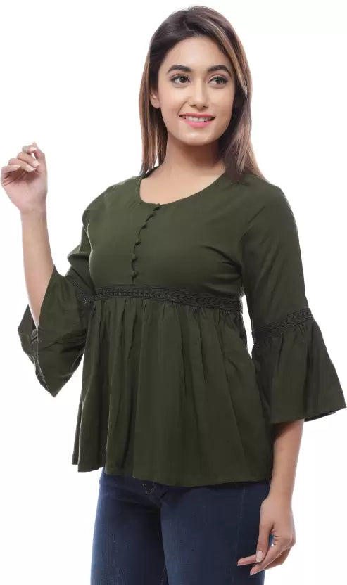 Casual Regular Sleeves Embroidered Women Green Top