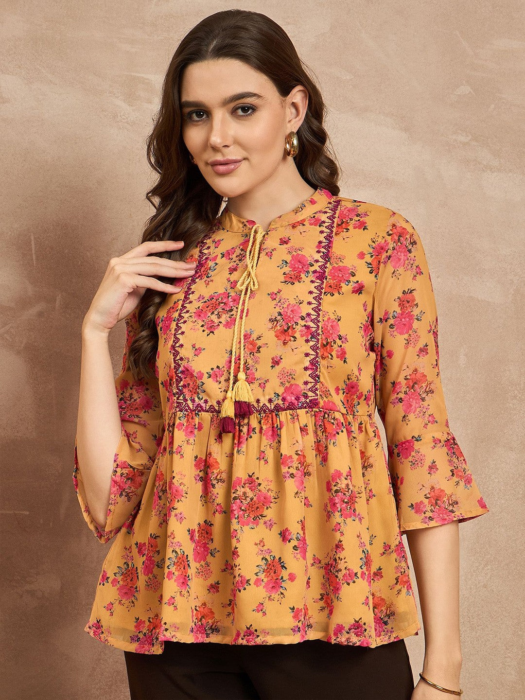 Women Floral Embroidered Cinched Waist Top