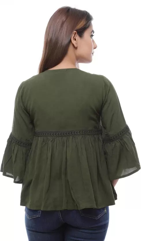 Casual Regular Sleeves Embroidered Women Green Top