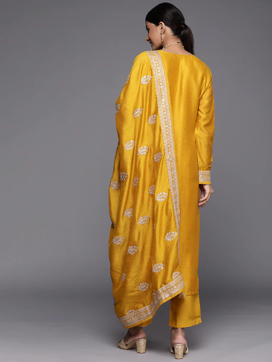 Women Mustard Yellow Floral Motifs Sequinned Kurta with Trousers & With Dupatta