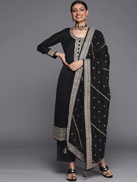 Women Black Floral Motifs Yoke Design Kurta with Trousers & With Dupatta